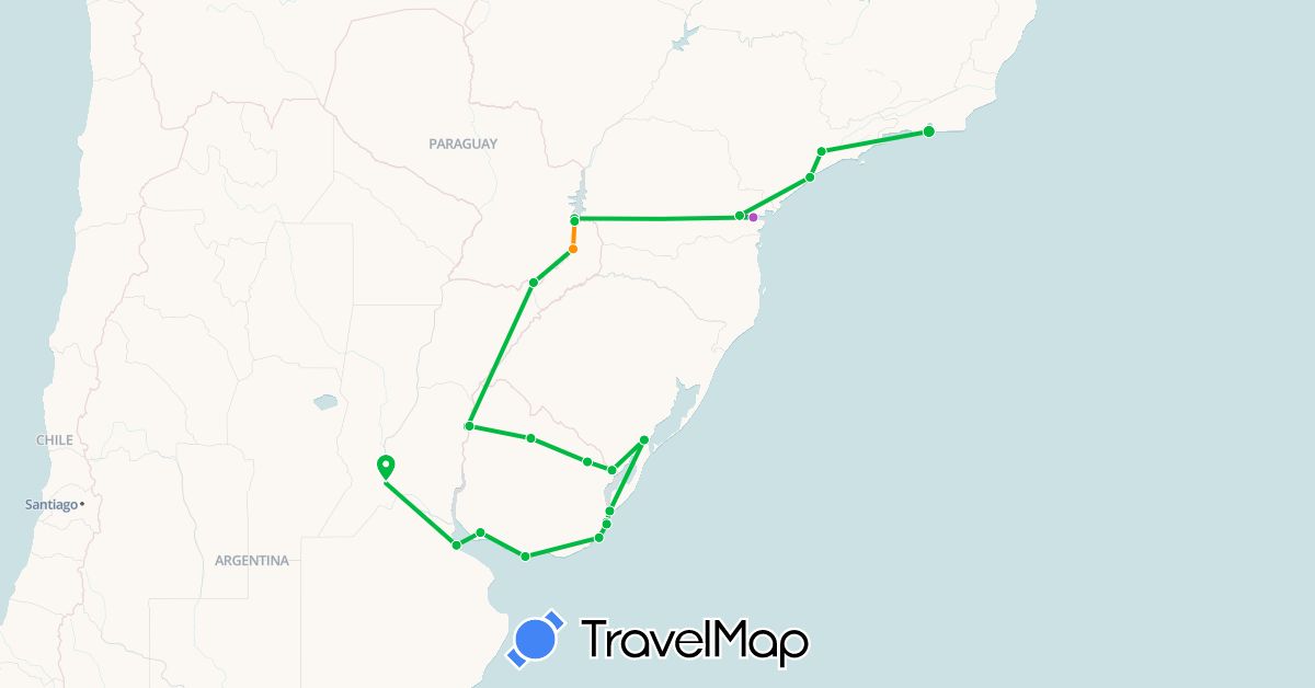 TravelMap itinerary: driving, bus, train, hitchhiking in Argentina, Brazil, Uruguay (South America)